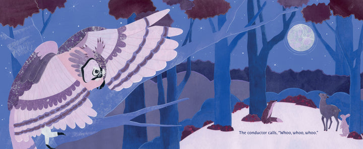 In "The Night Artists" by Schiffer Publishing, Ltd., a pink and purple-feathered owl glides above a snowy forest as a rabbit and fawn gaze upward, creating an enchanting woodland scene ideal for a nature picture book.