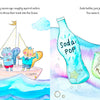 Two squirrels dressed as sailors toss trash into the ocean, causing pollution. Floating nearby are items such as a soda bottle, cracked cups, sea glass, and a "Mermaid Candy" mug from Schiffer Publishing, Ltd.