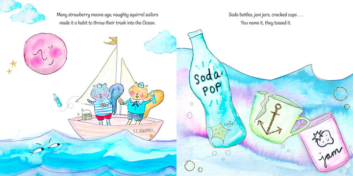 Two squirrels dressed as sailors toss trash into the ocean, causing pollution. Floating nearby are items such as a soda bottle, cracked cups, sea glass, and a "Mermaid Candy" mug from Schiffer Publishing, Ltd.