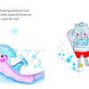 A watercolor illustration for "Mermaid Candy" by Schiffer Publishing, Ltd. shows a big blue and pink stingray with ocean pollution, while two sailor-suited squirrels stand at the right, looking concerned amid blue splashes.