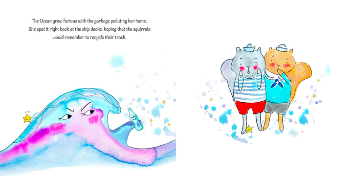 A watercolor illustration for "Mermaid Candy" by Schiffer Publishing, Ltd. shows a big blue and pink stingray with ocean pollution, while two sailor-suited squirrels stand at the right, looking concerned amid blue splashes.