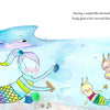 A watercolor illustration from "Mermaid Candy" by Schiffer Publishing, Ltd. shows a pink and blue-haired mermaid swimming with sea glass while bunny-like creatures with mermaid tails watch from a "Cove sweet Cove" rock and a large blue fish looks on.