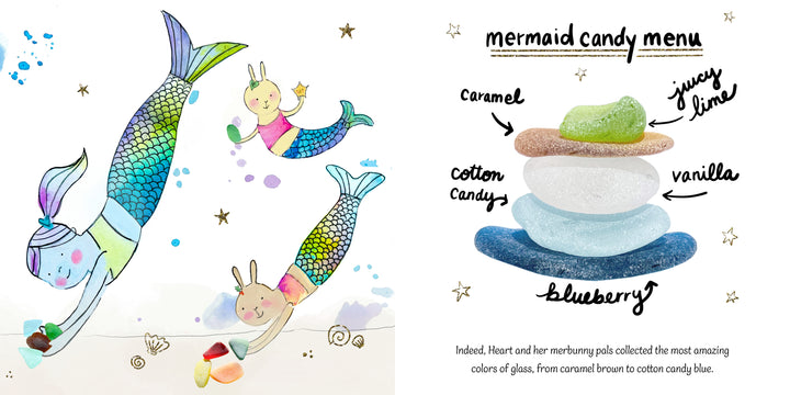 In "Mermaid Candy" by Schiffer Publishing, Ltd., watercolor mermaids and sea creatures collect caramel, lime, cotton candy, vanilla, and blueberry-colored sea glass in a magical underwater picture book scene.