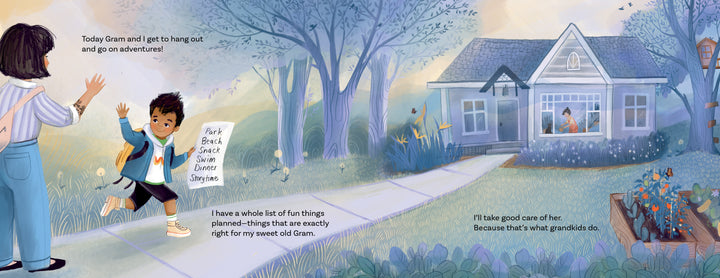 A joyful scene from “Hanging Out with Gram” by Schiffer Publishing, Ltd. shows a grandmother and grandson waving excitedly outside a cozy home, capturing the warmth of multigenerational family time—perfect for children’s picture books.