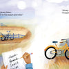 In "Hanging Out with Gram" by Schiffer Publishing, Ltd., a colorful beach scene shows Gram holding a notepad as her grandson points at a bike. Later, he cheers her on while she nervously rides the bike toward the shore, with lively text throughout the picture book.