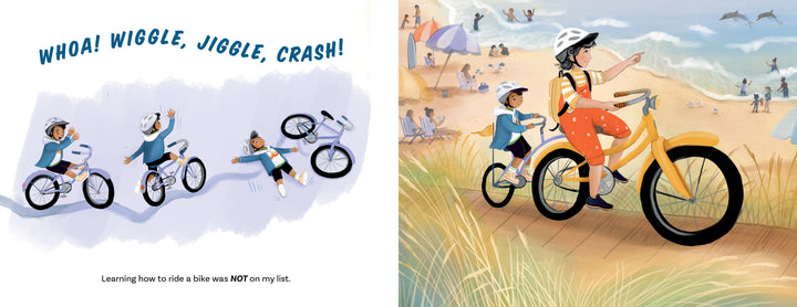 In Schiffer Publishing, Ltd.'s joyful children's picture book "Hanging Out with Gram," a child tumbles off a bike—"Whoa! Wiggle, jiggle, crash!"—while a smiling grandmother and grandson ride a tandem bike to the beach, both wearing helmets.