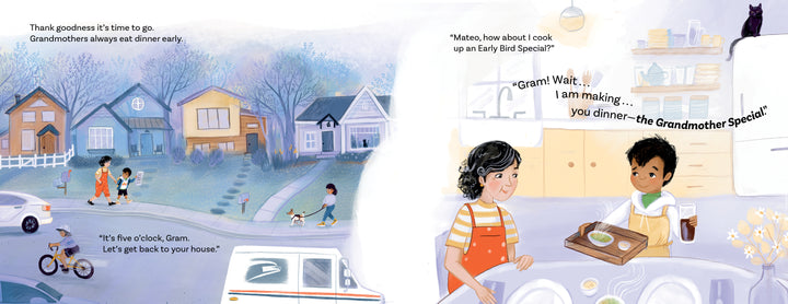 In Schiffer Publishing, Ltd.’s heartfelt children’s book Hanging Out with Gram, a child and grandmother walk home at dusk and prepare food together in a bright kitchen, sharing the Grandmother Special as their cat looks on.
