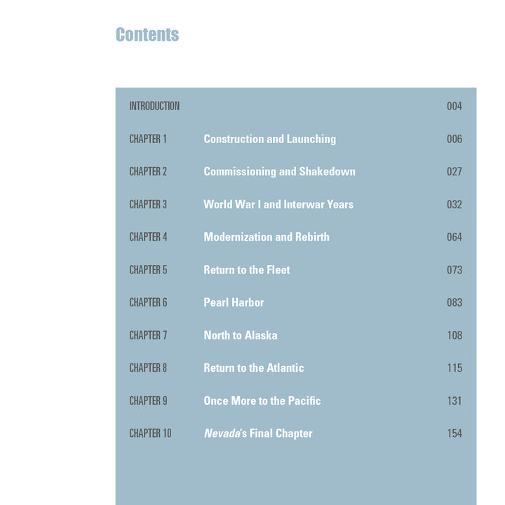 The USS Nevada (BB-36) by Schiffer Publishing, Ltd. features a table of contents with section titles and page numbers in two columns on a blue background, covering construction, Operation Crossroads, Pearl Harbor, wars, modernization, and the final chapter.