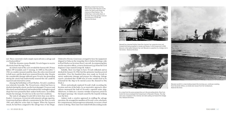 A black-and-white magazine spread in Schiffer Publishing, Ltd.'s "USS Nevada (BB-36)" features five historic ship and explosion photos from Operation Crossroads, with smoke columns and text about a key naval event on pages 56–57.