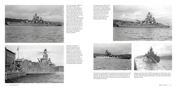 Four black-and-white photos of the battleship USS Nevada (BB-36), shown at sea and docked, accompany historical text about its service, Pearl Harbor connections, and major events, published by Schiffer Publishing, Ltd.