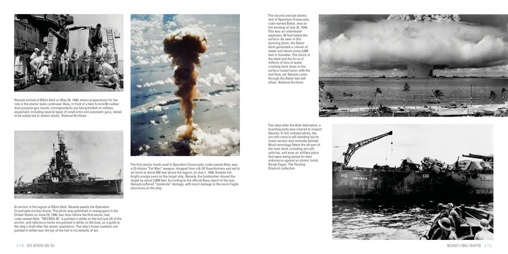 A two-page spread from Schiffer Publishing, Ltd.’s "USS Nevada (BB-36)" features WWII photos: sailors onboard, USS Nevada by two mushroom clouds at Operation Crossroads, ships near a blast, a warship, and small boats with sailors, each with captions.