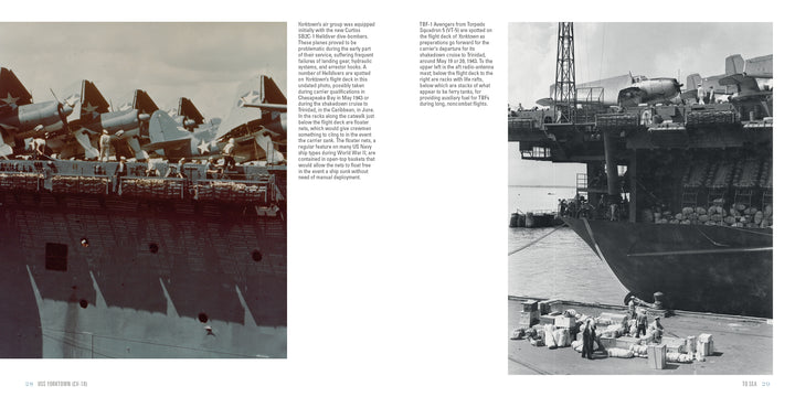 Left: Close-up of USS Yorktown (CV-10), featured by Schiffer Publishing, Ltd., with aircraft on deck at Patriots Point museum. Right: Sailors in uniform organize supplies on the dock beside the historic ship.