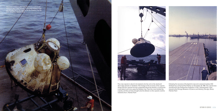 A recovery team lifts a scorched Apollo command module from the sea onto USS Yorktown (CV-10); two smaller photos show the capsule and recovery ship docked under sunny skies—featured in Schiffer Publishing, Ltd.'s Legends of Warfare.