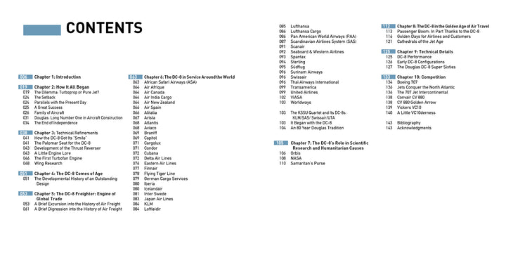 Table of contents page for Douglas DC-8 by Schiffer Publishing, Ltd., featuring chapters on history, service, competition, technical specs, and impact—organized in four bolded columns with itemized subheadings.