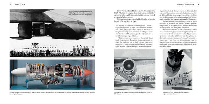 A two-page spread from Schiffer Publishing, Ltd.'s "Douglas DC-8" features black-and-white and color photos, including a large DC-8 on a runway, close-ups of jet engines, an engine cutaway model, and text on technical advancements.
