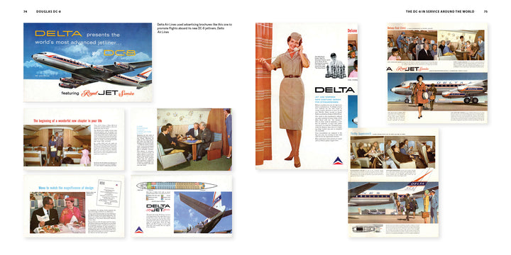 A collage of vintage Douglas DC-8 ads from Schiffer Publishing, Ltd. showcases jetliners, flight attendants in period uniforms, passengers boarding and seated, and promotional text highlighting jet service and amenities.
