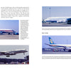 A Schiffer Publishing, Ltd. book page displays four photos of Douglas DC-8 jetliners from Lufthansa, Capitol, Icelandair, and Seaboard World, with captions detailing their history and liveries.
