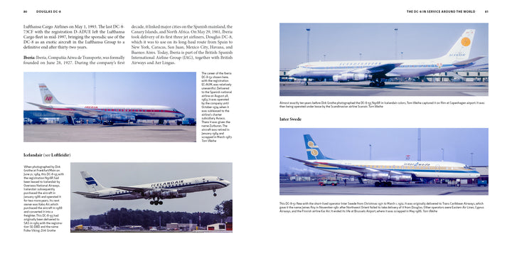 A Schiffer Publishing, Ltd. book page displays four photos of Douglas DC-8 jetliners from Lufthansa, Capitol, Icelandair, and Seaboard World, with captions detailing their history and liveries.