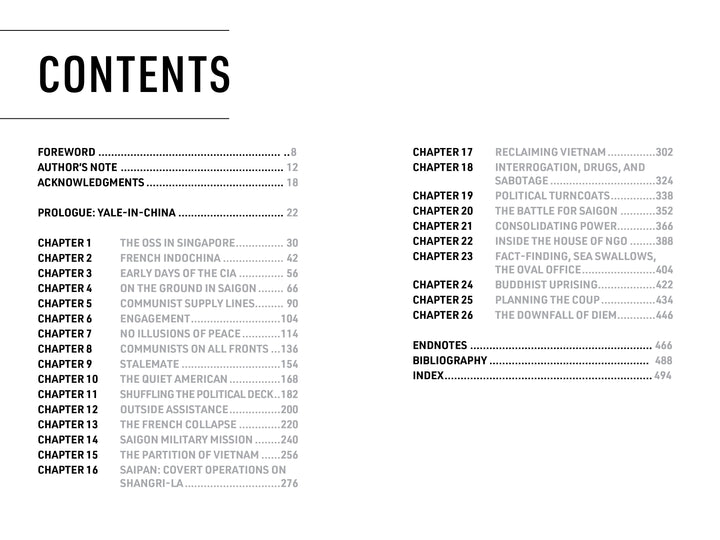 The table of contents from "Spies in Saigon" by Schiffer Publishing, Ltd. lists chapters with topics like Vietnam, secret CIA operations in Saigon, the OSS in Singapore, the French-Indochina War, Cold War politics, and Buddhist uprisings.