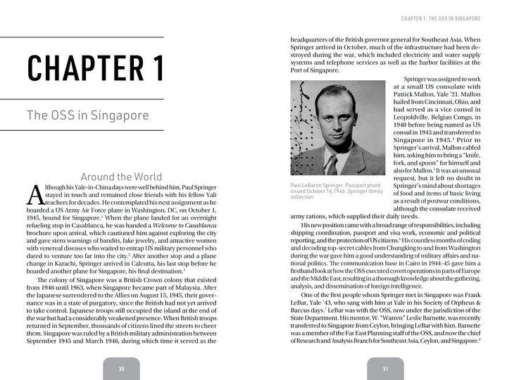 Two pages from "Spies in Saigon" by Schiffer Publishing, Ltd. Left: “CHAPTER 1 The OSS in Singapore” with text on Paul Springer’s OSS and CIA roles during the French-Indochina War. Right: Black-and-white portrait of Paul F. L. Bruhn Springer with biographical info below.