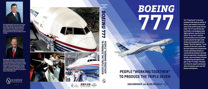Book cover for "Boeing 777" by Schiffer Publishing, Ltd., featuring images of the wide-body jet, close-ups, author photos, and descriptive text on a blue background.