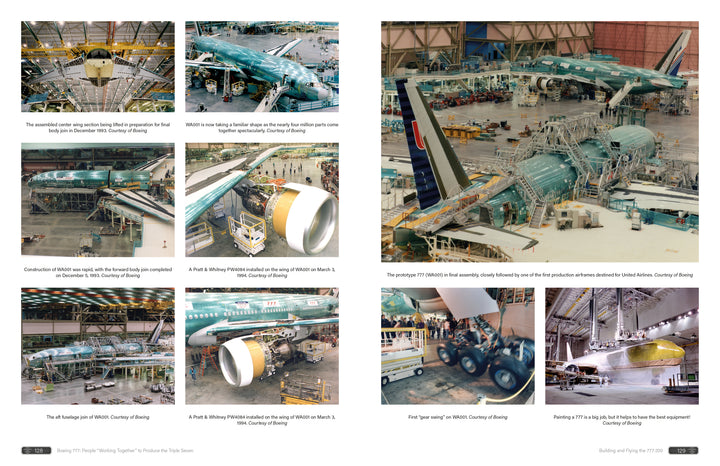 A photo collage captures the Boeing 777's assembly stages—from wing and fuselage construction to engine and fly-by-wire system installation—featuring workers and equipment. Product by Schiffer Publishing, Ltd.