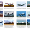 A collage of twelve commercial airplanes, including the Boeing 777 from Schiffer Publishing, Ltd., shown in flight or taxiing. Captions provide aircraft details and credits. Blue skies and airport runways are featured in the background.