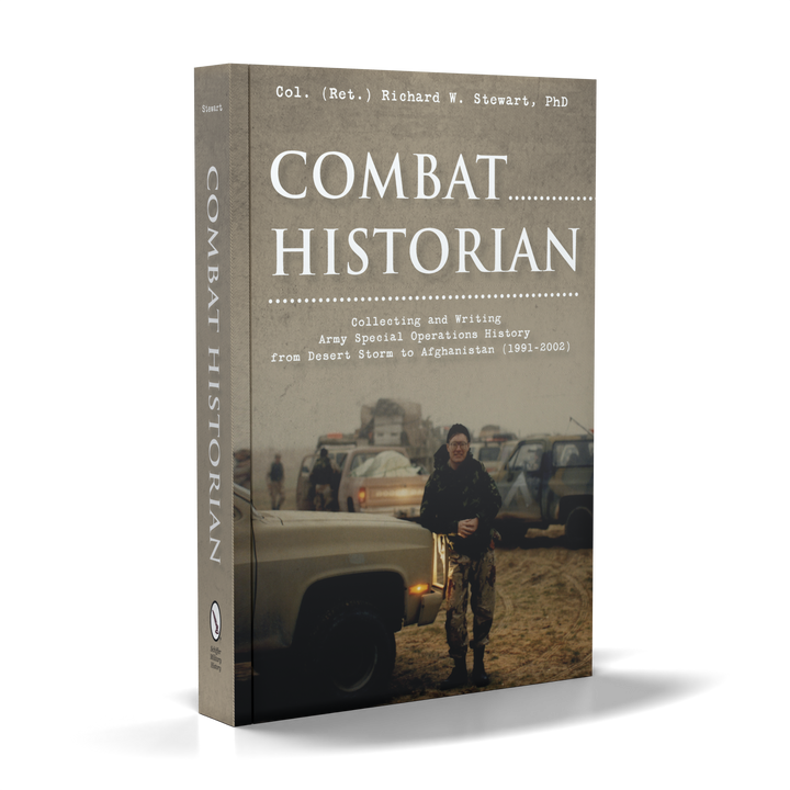 Combat Historian by Schiffer Publishing, Ltd. features a cover with a figure in military gear amid vehicles in a gritty outdoor scene, capturing the intensity of US Army history and wartime experiences.