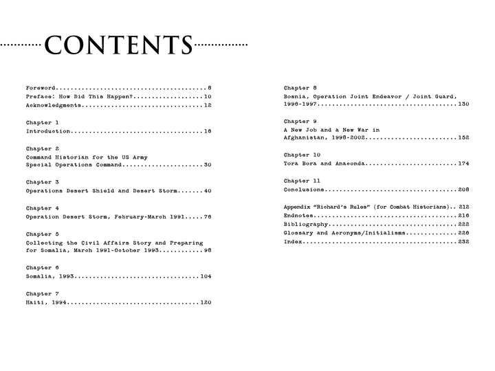 The table of contents for "Combat Historian" by Schiffer Publishing, Ltd. features chapters like “Common Historian for the US Army Special Operations Command” and “Operation Desert Shield and Desert Storm,” with page numbers marking key events in US Army history.