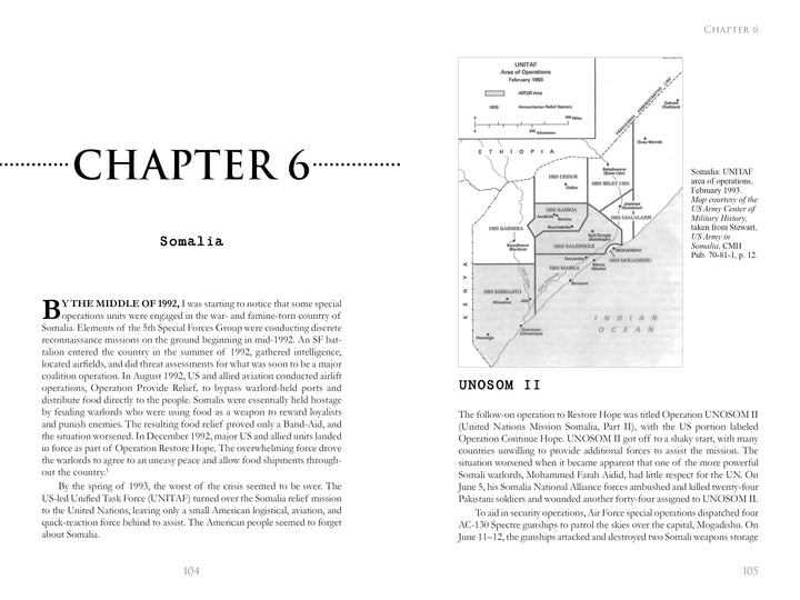 A book spread from "Combat Historian" by Schiffer Publishing, Ltd. shows the start of Chapter 6, "Somalia," featuring military operations text, a Somalia map, and details on Army special forces and UNOSOM II with a sidebar map.