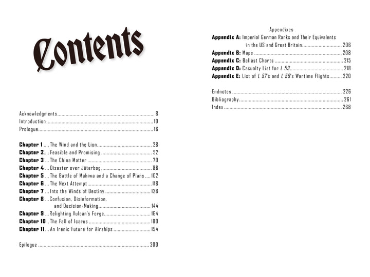 An open book, The Africa Ship by Schiffer Publishing, Ltd., shows the table of contents with a bold "Contents" heading and chapters like airship resupply missions on the left page; the right lists appendices, bibliography, and index with page numbers.
