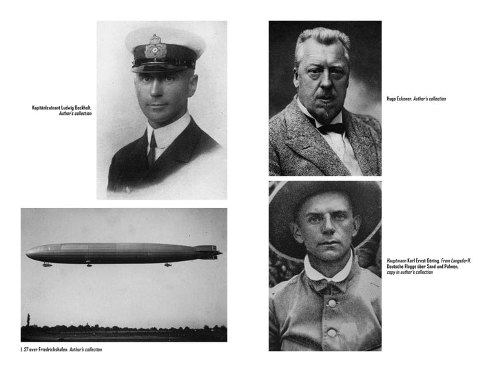 A collage for "The Africa Ship" by Schiffer Publishing, Ltd.: four black-and-white photos—uniformed man, stern older man, airship resupplying over East Africa, and a hatted man—all labeled with names and credits.