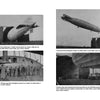 Four black-and-white historical photos in The Africa Ship by Schiffer Publishing, Ltd. show the Zeppelin airship near hangars, on the ground with people, and flying overhead; each image includes a caption for context.