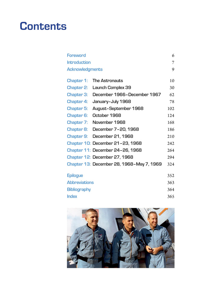 The table of contents from "Apollo 8 in Photographs" by Schiffer Publishing, Ltd. lists manned spaceflight missions from 1966–1969, with an archival photo of three smiling astronauts in blue jumpsuits at the bottom of the page.