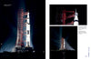 Two nighttime photos from "Apollo 8 in Photographs" by Schiffer Publishing, Ltd. show the Saturn V rocket on the launchpad beside its red tower, spotlights illuminating preparations for the historic Apollo 8 mission against the dark sky.