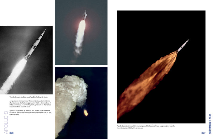 A collage from "Apollo 8 in Photographs" by Schiffer Publishing, Ltd. shows the Apollo 8 rocket launch, flames and smoke trailing as it ascends; text and captions appear along the left and bottom.