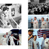 Apollo 8 in Photographs by Schiffer Publishing, Ltd. features archival images of the Apollo 8 crew in white suits boarding spacecraft, waving to crowds, and speaking on deck, with American flags and public celebrations of historic spaceflight.
