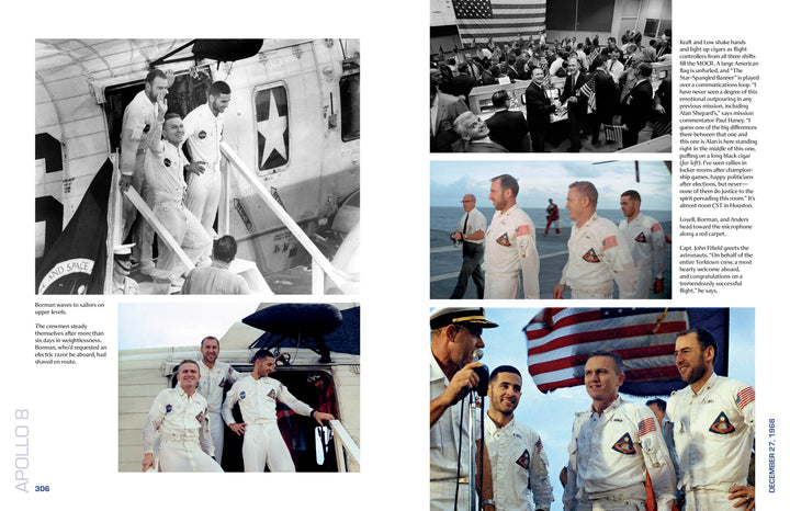 Apollo 8 in Photographs by Schiffer Publishing, Ltd. features archival images of the Apollo 8 crew in white suits boarding spacecraft, waving to crowds, and speaking on deck, with American flags and public celebrations of historic spaceflight.