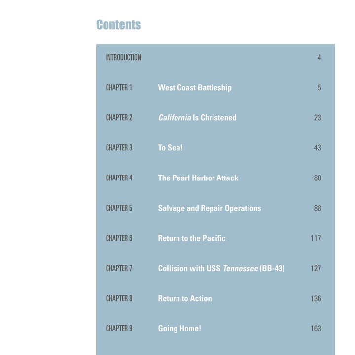 Table of contents page for USS California (BB-44) by Schiffer Publishing, Ltd., listing chapters with page numbers on its battleship history: christening, Pearl Harbor attack, salvage, repair, return to service, and homecoming.