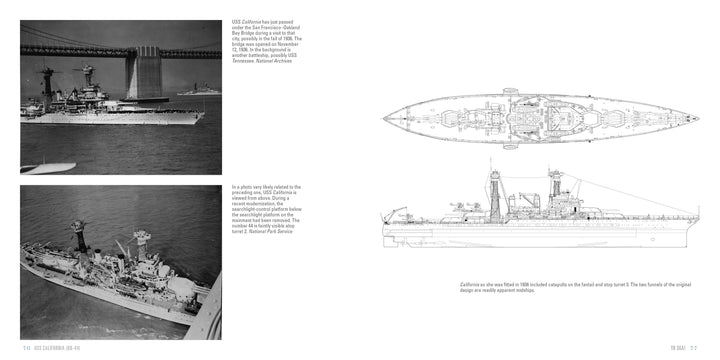 Two black-and-white photos of the USS California (BB-44) at Pearl Harbor, plus a top-view deck plan and side elevation drawing, are featured in this Schiffer Publishing, Ltd. release, with detailed schematics shown on the right.