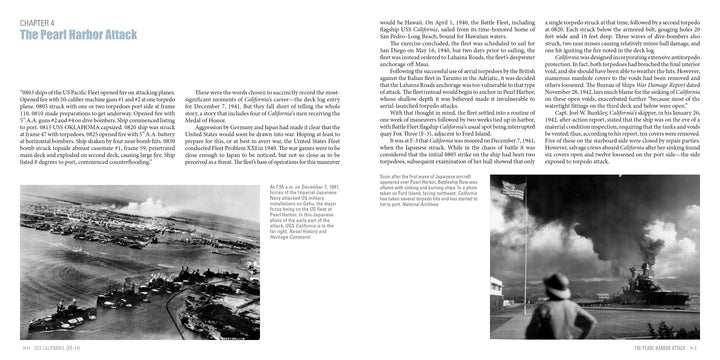 Two black-and-white photos depict Pearl Harbor’s history: an aerial view of the attack and a shot of the USS California (BB-44) burning as someone watches from shore. Event text covers the page. From Schiffer Publishing, Ltd.