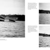 Three black-and-white photos of USS California (BB-44) in camouflage paint, anchored by a forested shore during its 1944 shakedown, from Schiffer Publishing, Ltd.