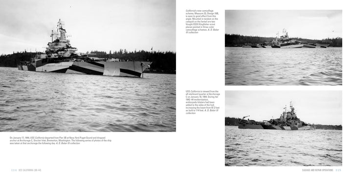 Three black-and-white photos of USS California (BB-44) in camouflage paint, anchored by a forested shore during its 1944 shakedown, from Schiffer Publishing, Ltd.