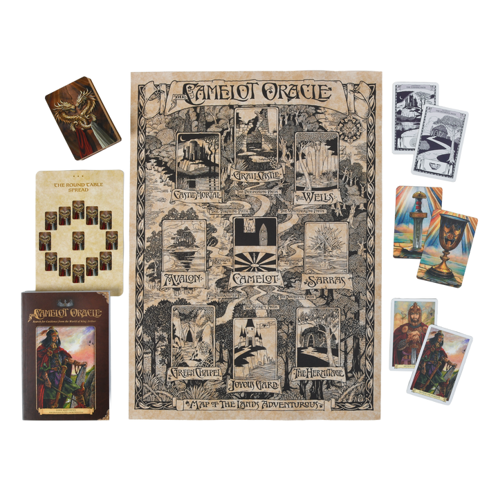 The Camelot Oracle by Schiffer Publishing, Ltd. is an Arthurian-inspired tarot set featuring illustrated cards, a guidebook, and a game board—an ideal divination tool for enthusiasts, displayed neatly on a white background.