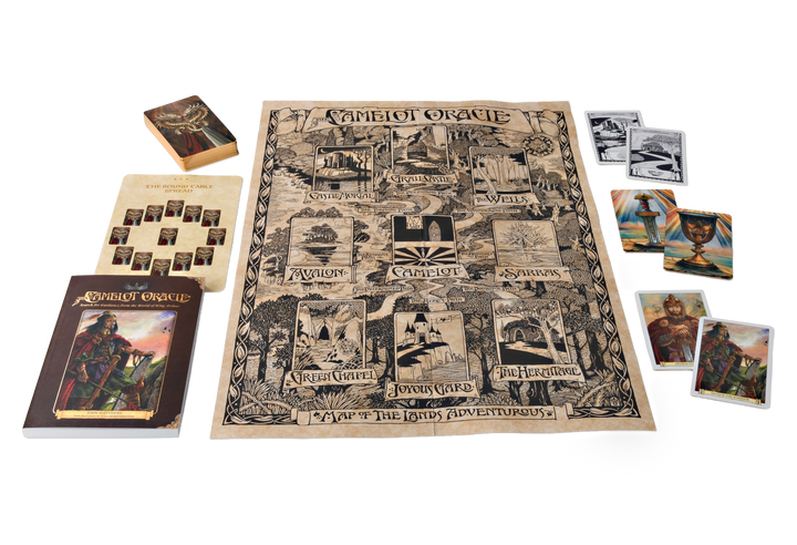 The Camelot Oracle by Schiffer Publishing, Ltd. is an Arthurian-inspired board game set with a central map, card deck, guidebook, booklet, and illustrated cards displayed on a white background.