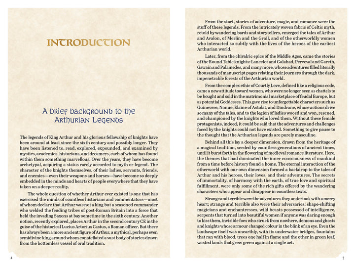 Two pages from The Camelot Oracle by Schiffer Publishing, Ltd.: the left page features the heading INTRODUCTION and subheading A Brief Background to the Arthurian Legends, with text exploring Arthurian myths; the right continues in two text columns.
