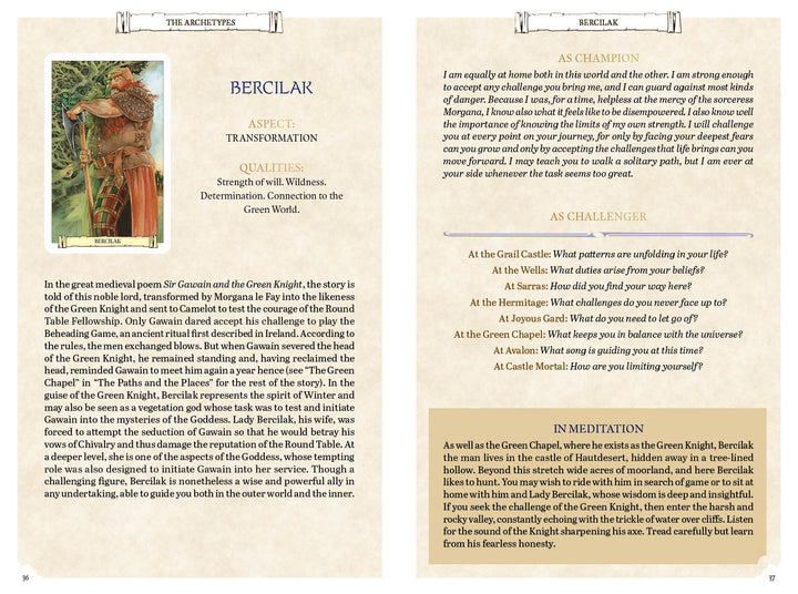 A two-page spread from The Camelot Oracle by Schiffer Publishing, Ltd. shows a knight in green armor on the left, inspired by Arthurian myths, and text about the archetype Bercilak on the right with sections titled As Champion and In Meditation.
