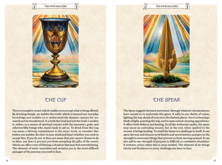 The Camelot Oracle by Schiffer Publishing, Ltd. features two illustrated tarot cards, The Cup and The Spear, with vibrant scenes and text connecting their Arthurian symbolism to your spiritual journey.