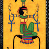 Illustration from The Dark Daughter Tarot by Schiffer Publishing, Ltd.: an ancient Egyptian woman in traditional dress and headdress, seated with two ankhs, black birds above, and pyramids in a yellow background—ideal for a goddess tarot deck.