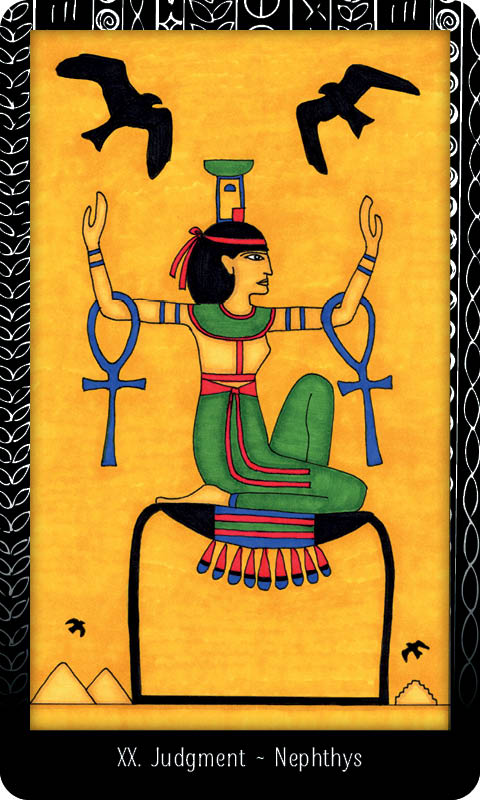 Illustration from The Dark Daughter Tarot by Schiffer Publishing, Ltd.: an ancient Egyptian woman in traditional dress and headdress, seated with two ankhs, black birds above, and pyramids in a yellow background—ideal for a goddess tarot deck.